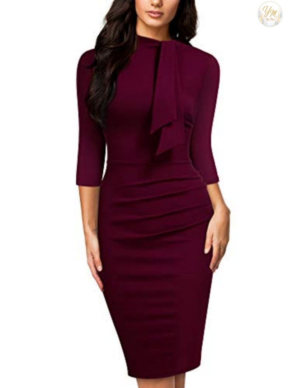 Retro Half Collar 2/3 Sleeve Cocktail Pencil Dress Ruffle Waist